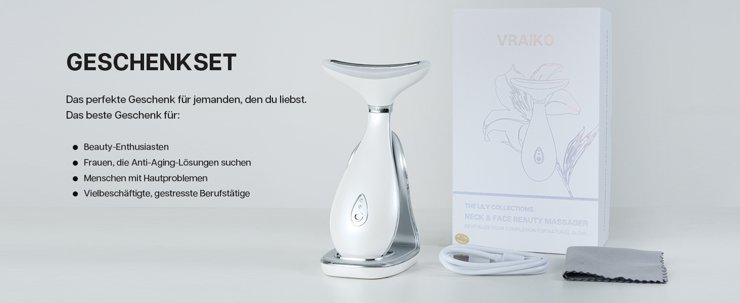 Geschenkset mit einem eleganten weißen elektrischen Weinöffner mit Ladestation, Weinglas und Zubehör. Produktdetails in deutschem Text sichtbar.