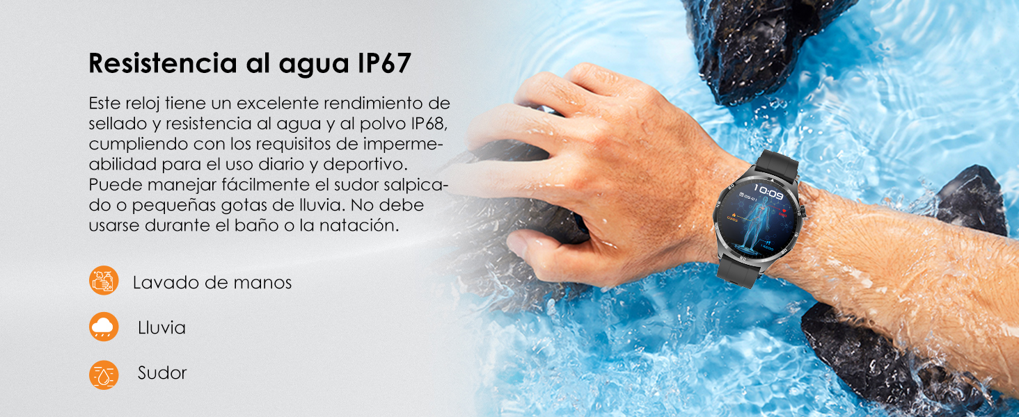 en la muñeca bajo el agua, que demuestra una resistencia al agua IP67. Las características incluyen lavarse las manos, nadar y resistir al agua hasta 1 metro durante