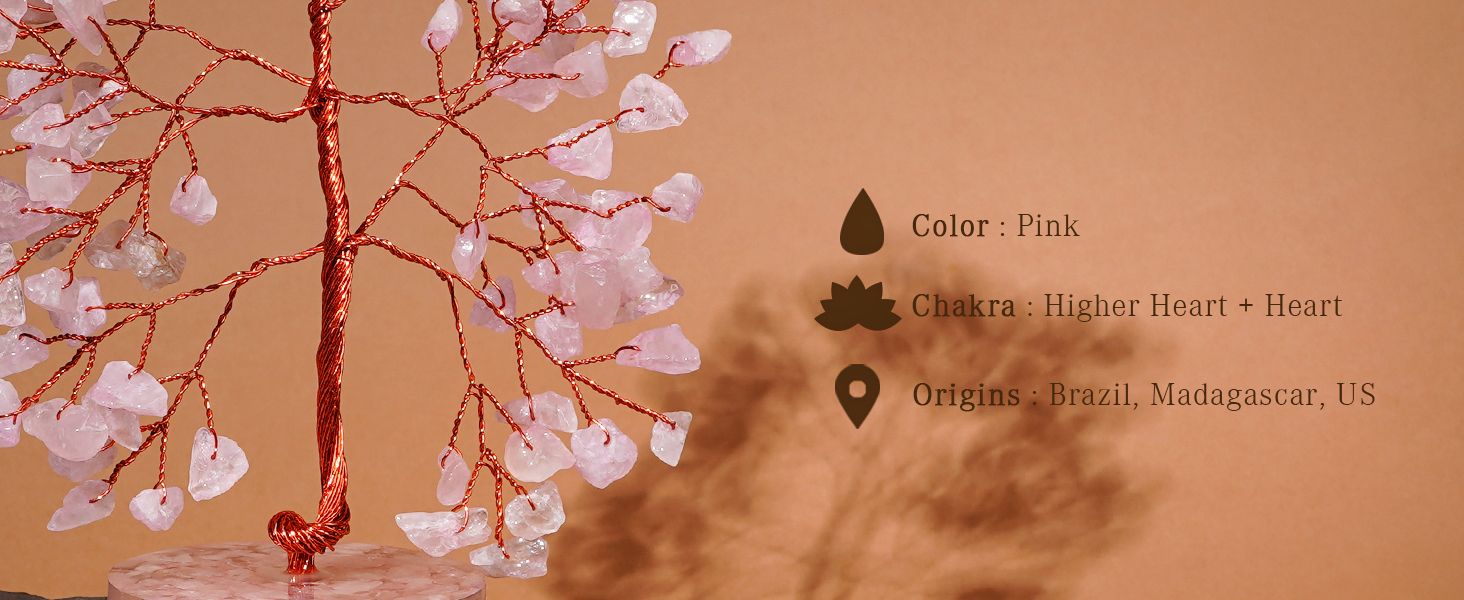 ROSE QUARTZ healing crystal tree of life for home and office decor, gifts for women