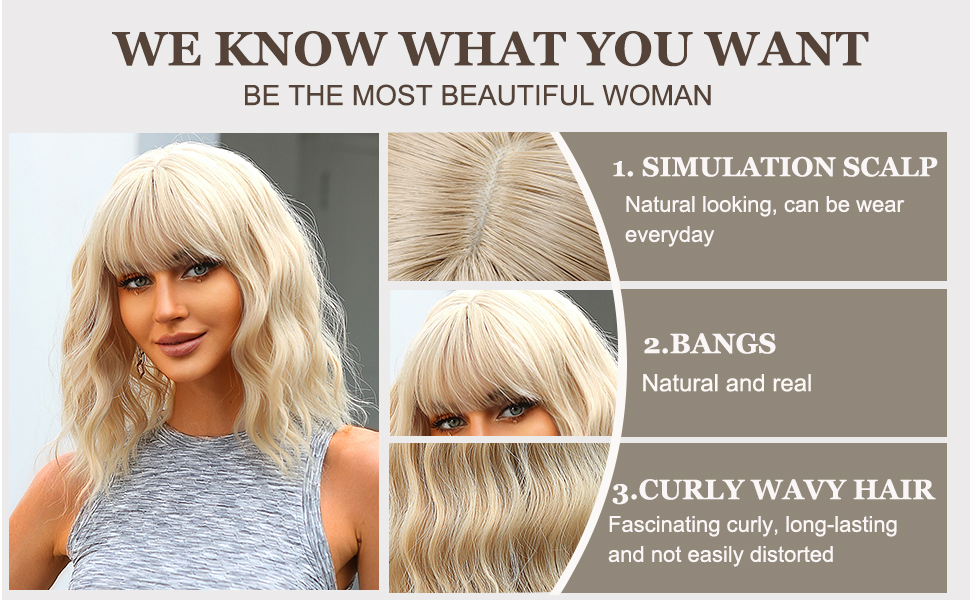 Esmee Short Wave Light Blonde Bob Wigs With Bangs