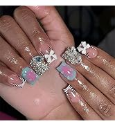 French Tip Press on Nails Short Square Fake Nails Stripe Glue on Nails with Rhinestone Bow Design...
