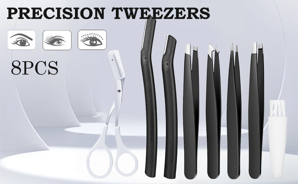 Eight-piece precision tweezers set including straight and angled tips, displayed on white background with eye-related icons above.