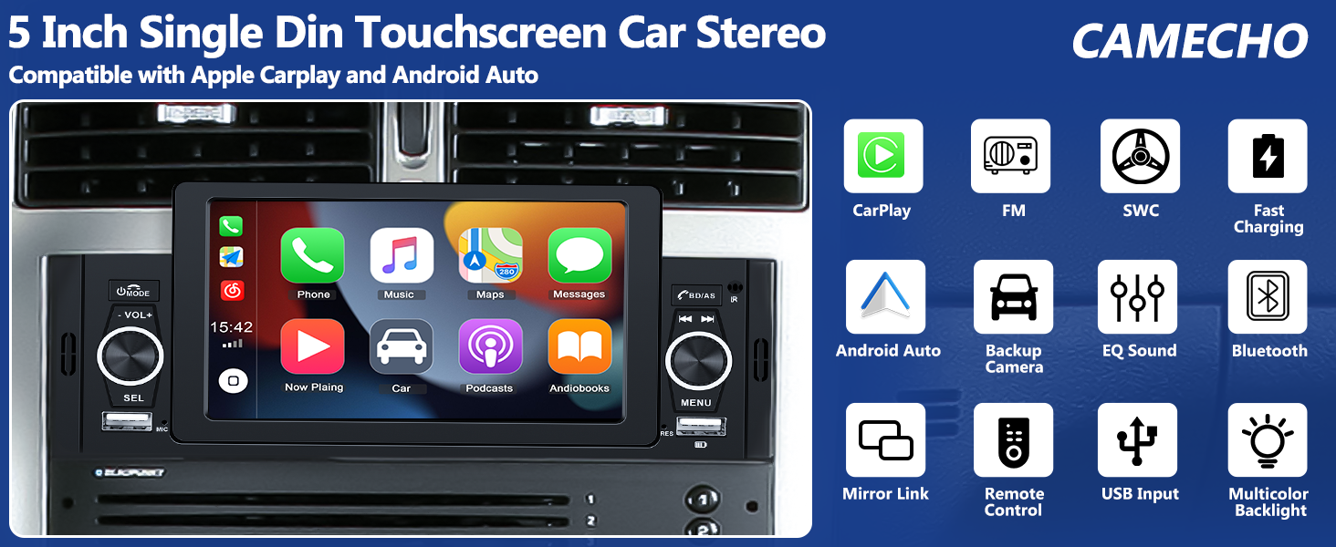 CAMECHO 5 Inch Single Din Car Stereo with Apple Carplay Android Auto