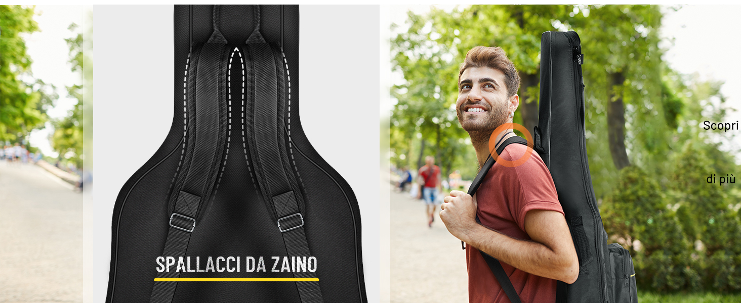 Spallacci da zaino neri con scritta 'Spallacci da Zaino'. L'immagine divisa mostra una persona che indossa uno zaino