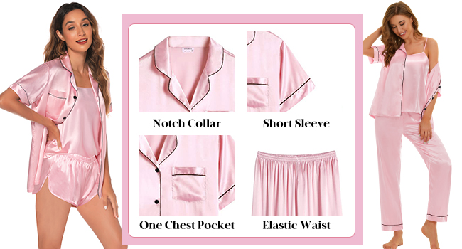 Womens 4pcs Pajamas Sets Silk Satin Pjs Set Cami With Button Down Short Sleeve Shirt Pant Loungewear