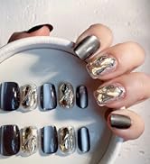 Black Cat Eye Short Squoval Press-On Nails – 28pcs with Champagne Rhinestone Accents, Soft Fit Ba...