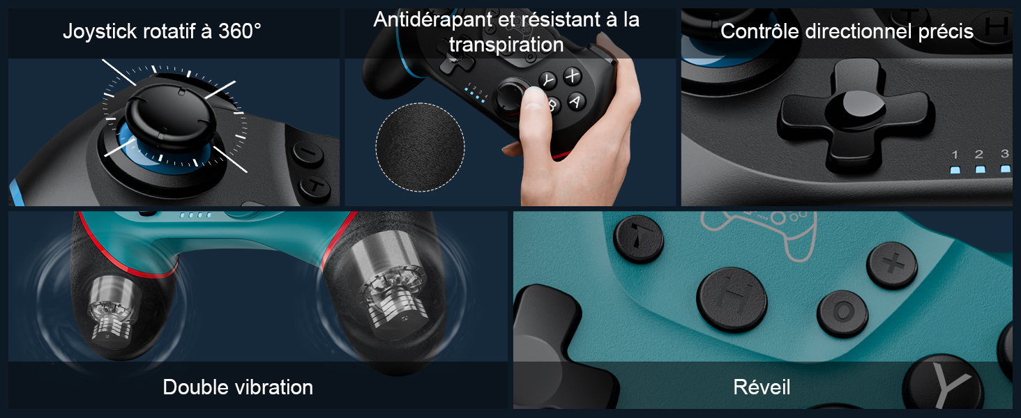 : joystick rotatif à 360°, poignée antidérapante, contrôle directionnel précis, double retour de vibration et boutons personnalisables. Plusieurs panneaux montrent des gros plans de chaque composant