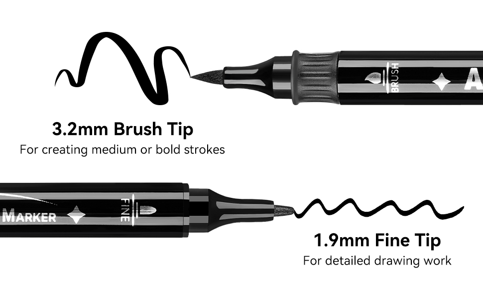 Arrtx Black Acrylic Paint Pens 8 Pack Brush Tip and Fine Tip (Dual