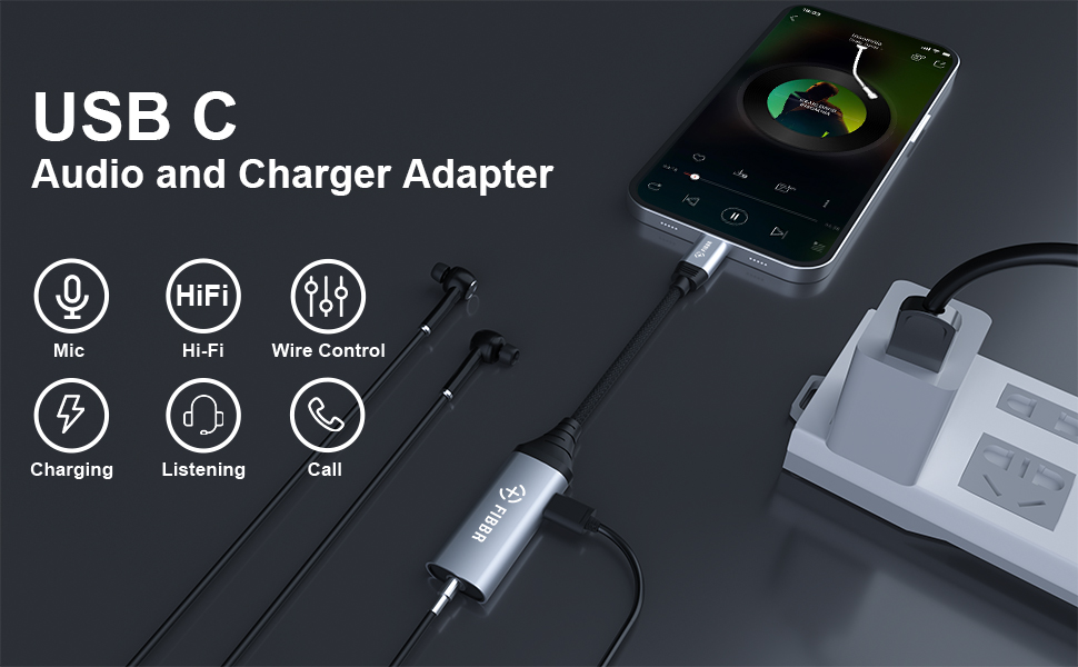 FIBBR USB C to 3.5mm Jack and Charger Adapter with PD 60W Fast Charging