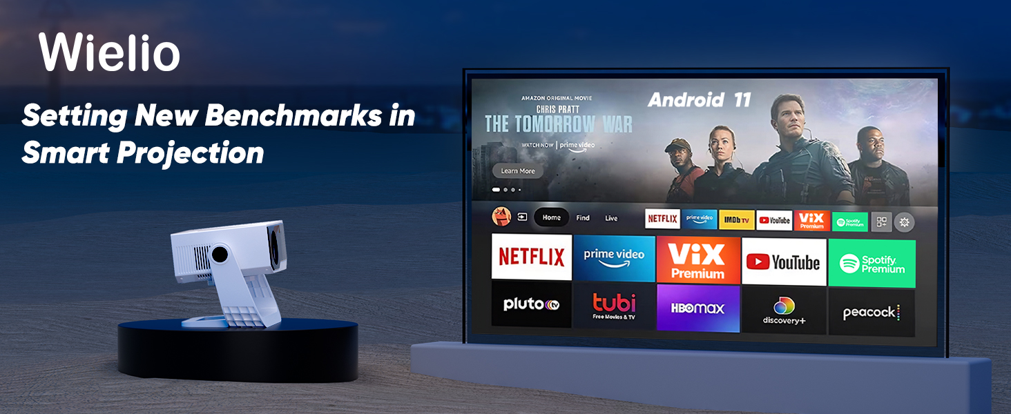 Text reads 'Wielio' and 'Setting New Benchmarks in Smart Projection'. Shows projector device and TV screen displaying streaming apps interface with Android TV.