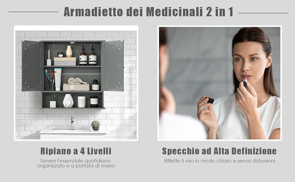 COSTWAY Armadietto Da Bagno Con Specchio, Armadietto Da Parete Con Ripiano Regolabile, Mobile Da Parete Per Bagno, 56 X 12,5 X 58 Cm (Grigio) 14 1