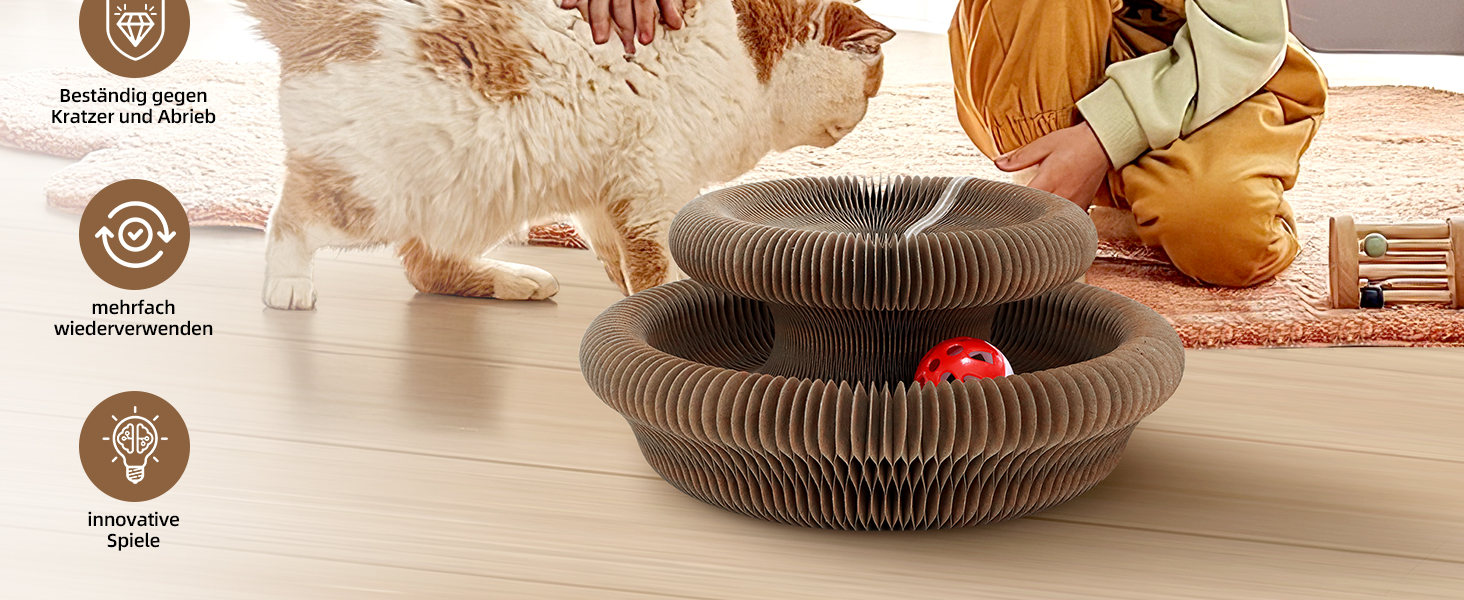 Erweiterbarer Spieltunnel für Haustiere aus braunem Cordmaterial, in dessen Inneren ein rotes Spielzeug sichtbar ist. Produktsymbole weisen auf tierfreundliche Merkmale hin