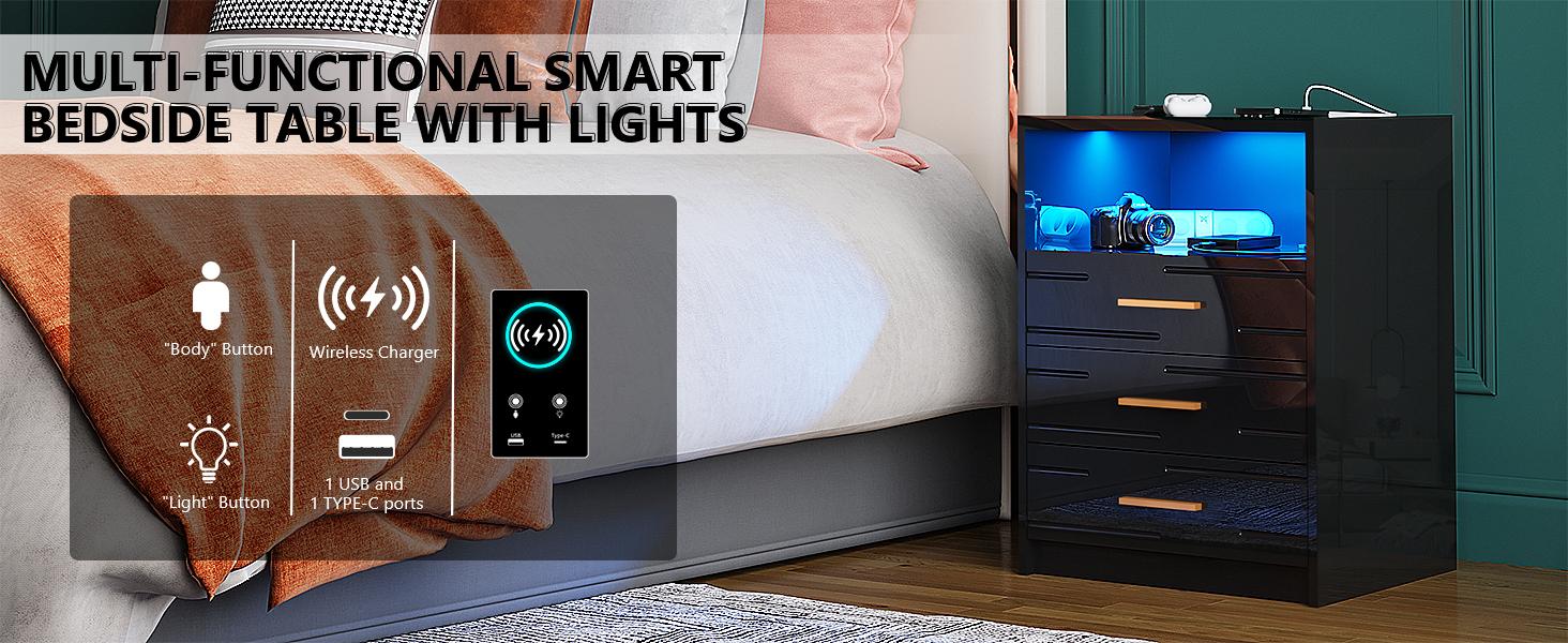 Lvifur LED Nightstand with Wireless Charging Station,3