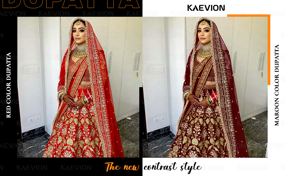 KAEVION 2.5M Red Net Sada Saubhagyavati Bhava Bridal Wedding Dupatta Sequence lace Dulhan Chunni