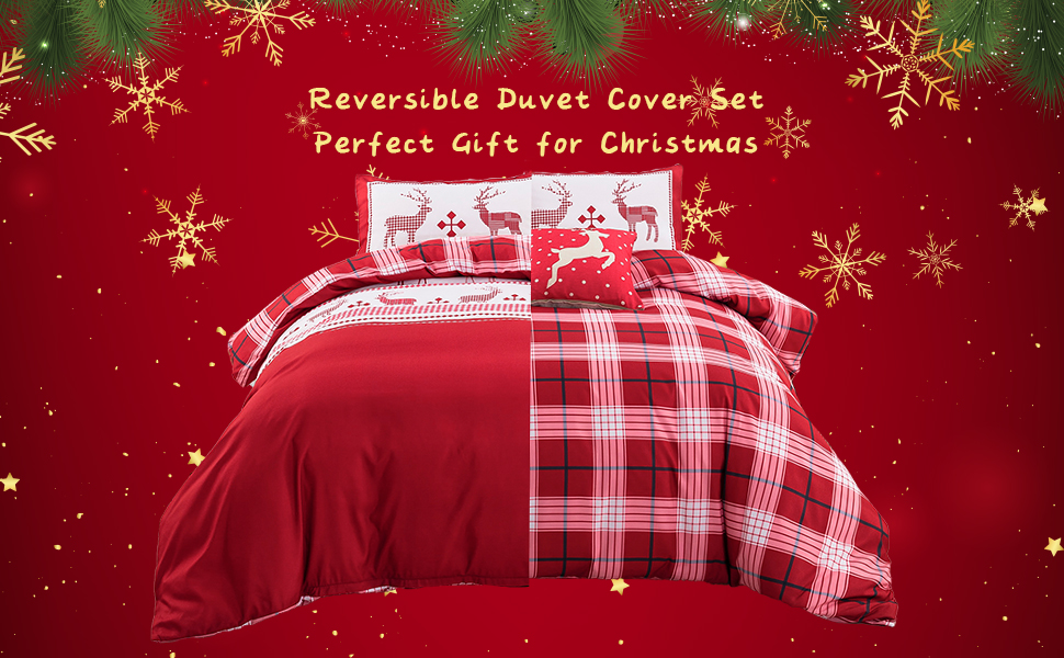 Christmas Duvet Cover Set Twin, Reversible Reindeer Red