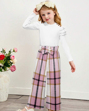 Girls Clothes Fashion Tops Plaid Trousers Loose Straight Leg Pants Girls Outfits