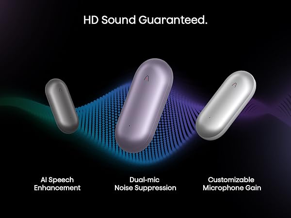 Text reads 'HD Sound Guaranteed.' Technical diagram showing audio features including 'Enhancement', 'Noise Suppression', and 'Microphone Gain' with blue wave patterns.