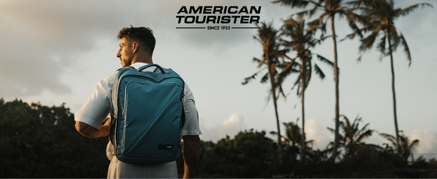 Text reads: 'AMERICAN DAUGHTER'. Side view of person wearing blue backpack walking among palm trees.