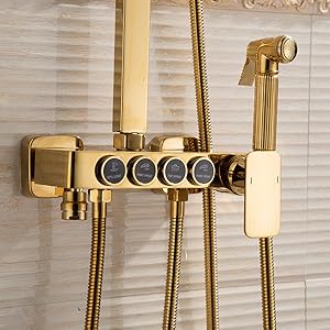 Colonna Doccia D'oro Sistema Doccia Montaggio A Parete Set Doccia Con 22 Cm * 22 Cm Soffione Doccia A Pioggia, Doccetta, Rubinetto Vasca, Doccetta Bidet 17 ESOP Colonna Doccia