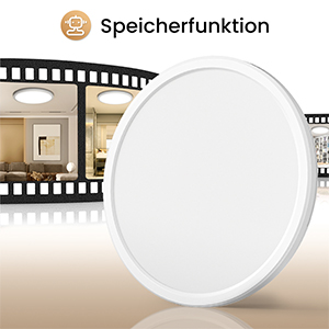 Großer runder Spiegel mit dem Text „Speicherfunktion“ oben. Der Hintergrund zeigt ein filmstreifenähnliches Design mit Innenraumszenen