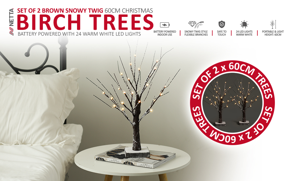 NETTA Set of 2 Twig Birch Tree Snow Effect with Lights Christmas Tree Ornament PreLit with 24