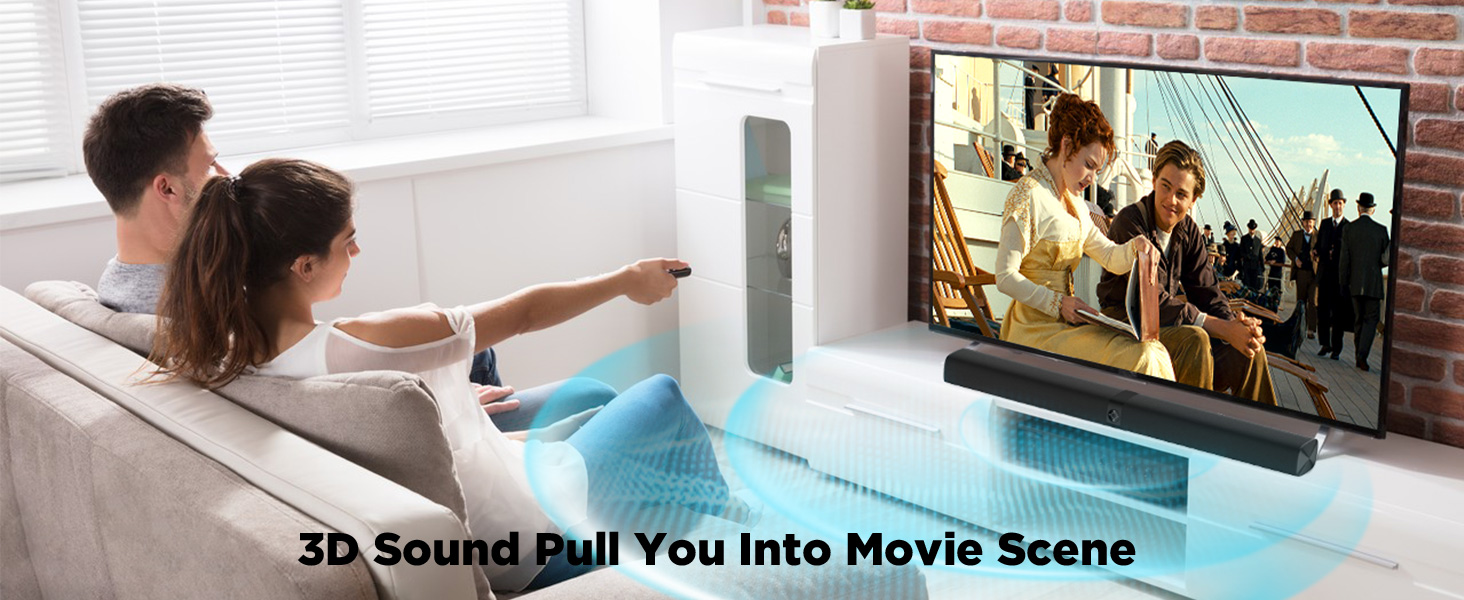 Soundbar beneath TV displaying movie scene. Two people on couch pointing at screen. Text: '3D Sound Pull You Into Movie Scene'.