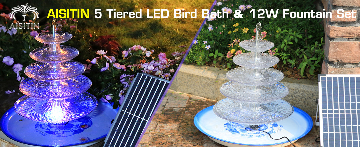 AISITIN DIY 5 Tiered Bird Bath with 12W Solar Fountain Pump, 2023