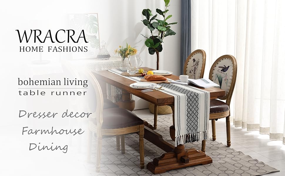 Wracra Boho Woven Table Runner Black and White Rustic Table Runner