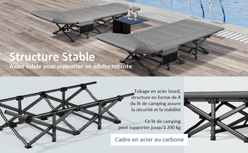 avec structure en X. Surface en tissu gris sur cadre en acier. Produit présenté sur une terrasse en bois près de l'eau. L'image en encart affiche les détails du cadre