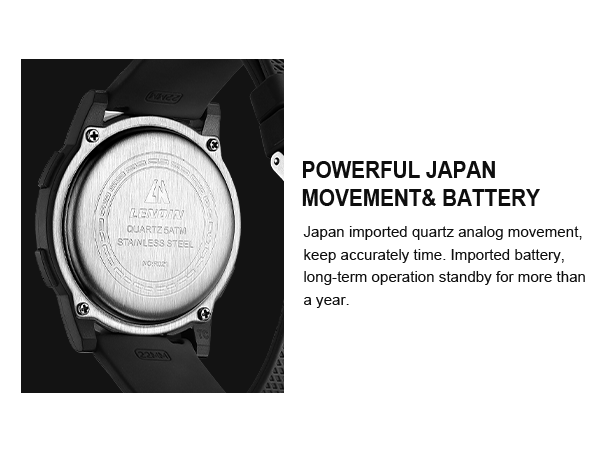 Back of a watch case displaying text: 'POWERFUL JAPAN MOVEMENT & BATTERY'. Mentions imported battery and long-term operation standby for over a year.