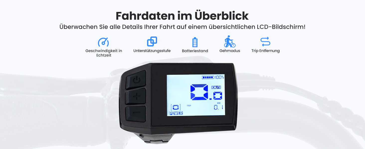 Digitales Anzeigegerät mit Navigationsoberfläche mit dem deutschen Text „Fahrdaten im Überblick“ und mehreren Symboloptionen darunter