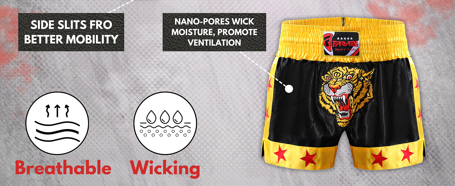 Muay Thai Shorts Kick Boxing Training Satin Black Gold Short Tiger Embroidery Features