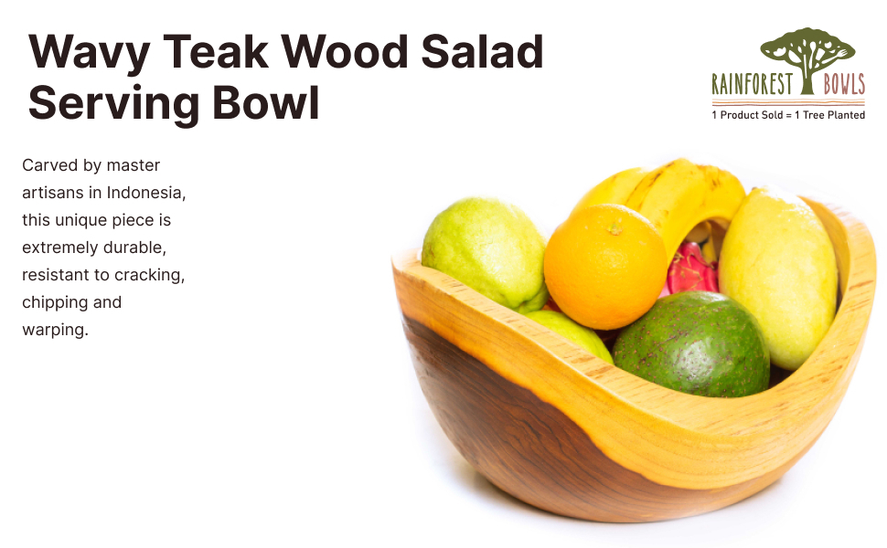 Rainforest Bowls 12" Wavy Javanese Teak Wood Salad Serving Bowl Perfect for