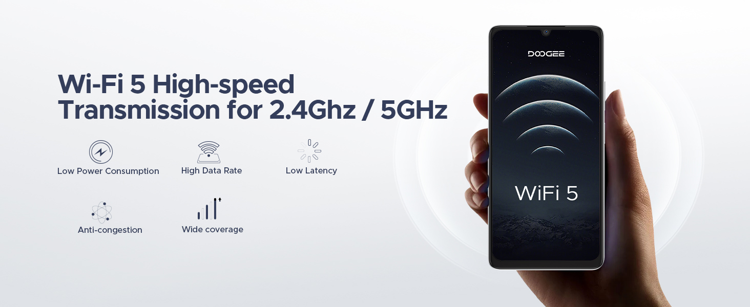 A hand holding the DOOGEE Note 58, with text highlighting Wi-Fi 5 features like low power consumption, high data rate, and wide coverage.