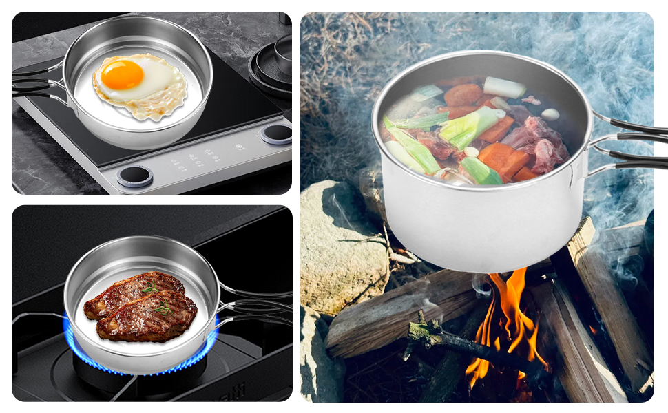 Sequence showing cooking process with frying pan over flame, including eggs and various dishes being prepared on stovetop.