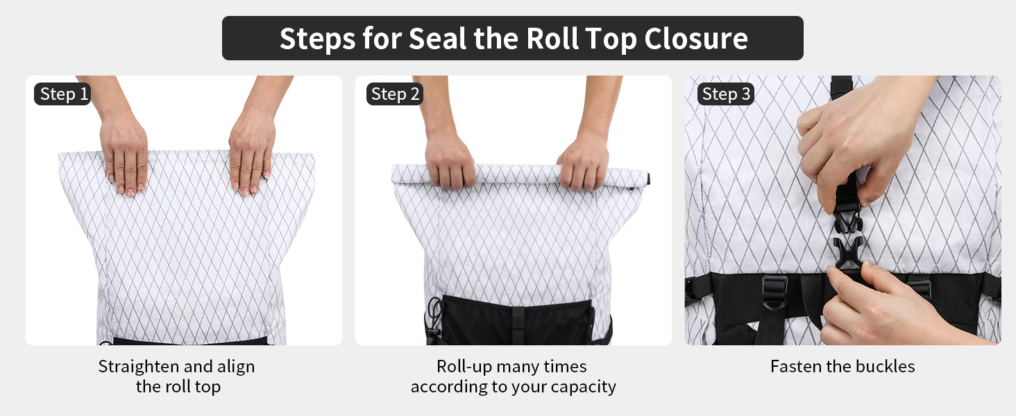Instructional diagram showing three steps to close a roll-top bag. Hands demonstrate straightening, rolling, and fastening the buckles on a white, diamond-patterned bag.