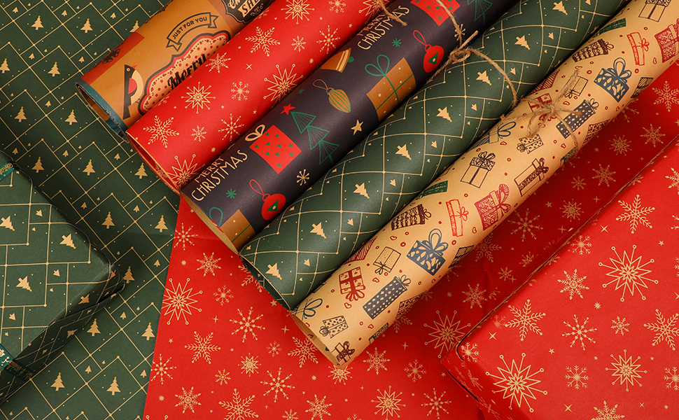 Christmas Wrapping Paper with Gift Tags, Brown Xmas Wrapping Paper