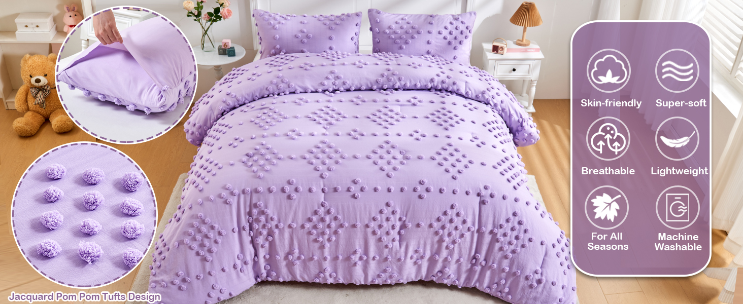 3Piece Queen Size Kids Bedding Set for Girls Purple Boho