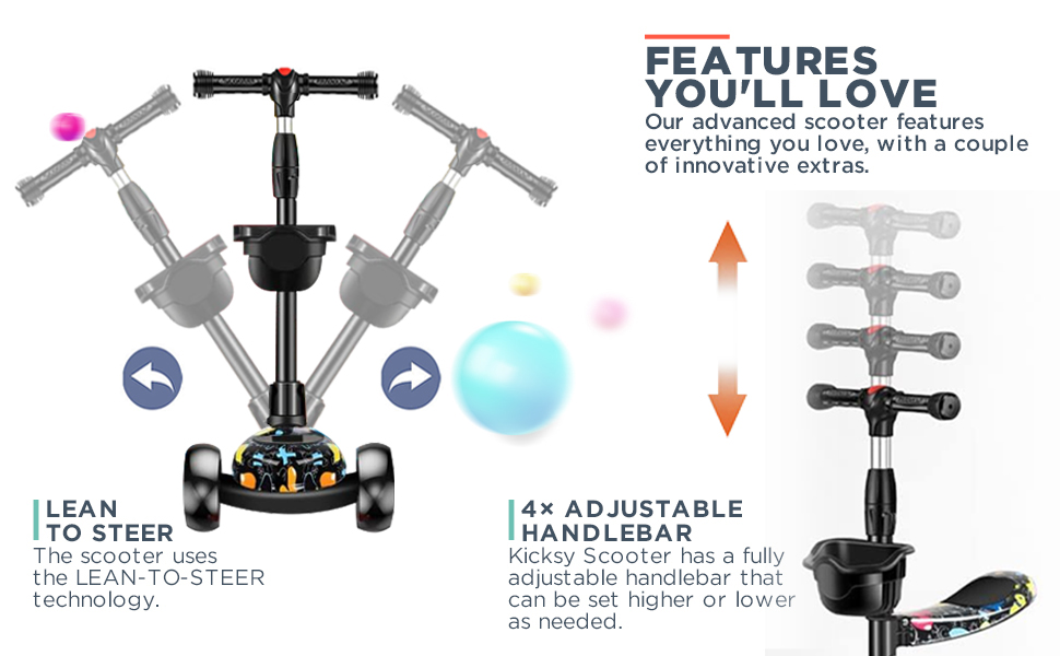 سكوتر للاطفال من دي ام جي تيك، سكوتر قابل للطي بـ4 ارتفاعات قابلة للتعديل للاطفال، سكوتر بثلاث عجلات، مع مقعد قابل للازالة، عجلات مضيئة باضاءة LED للاطفال من سن 1-10 سنوات 23 سكوتر دفع