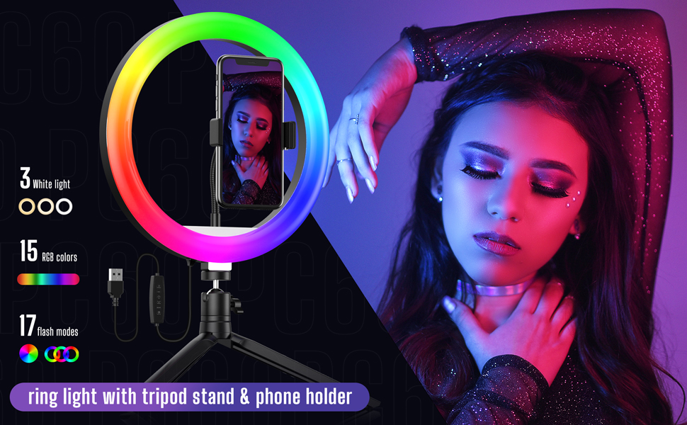 EYETOO LED Ring Light 10" with Stand and Phone Holder, 35 Color Modes for Makeup, Live Streaming