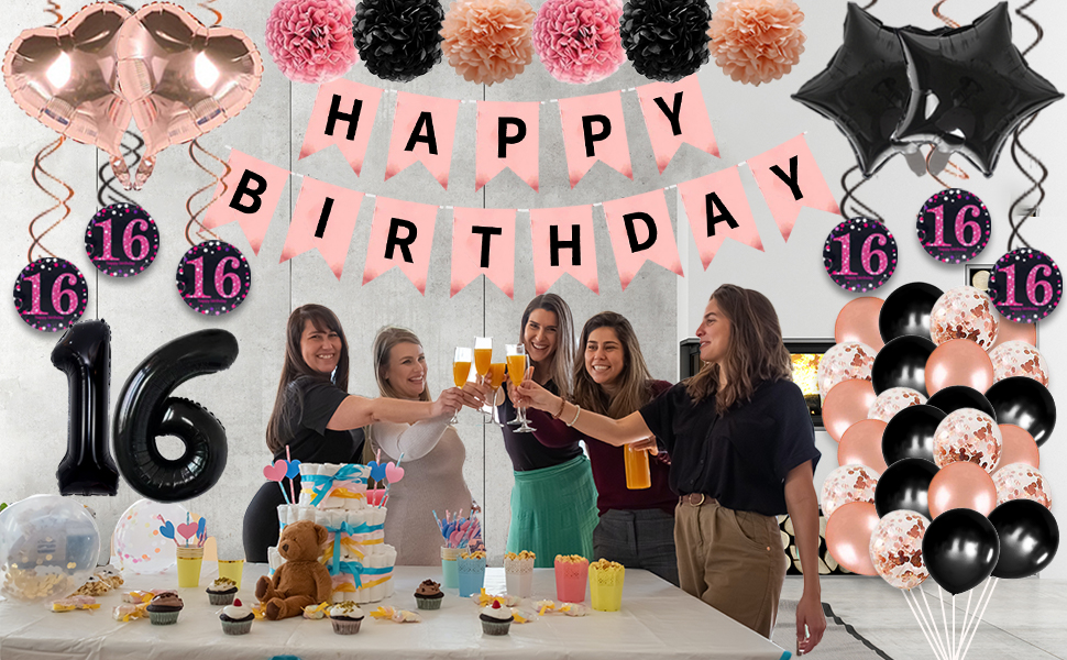 16th Birthday Decorations for Girls, 44 Pcs Happy 16th Birthday Decorations with