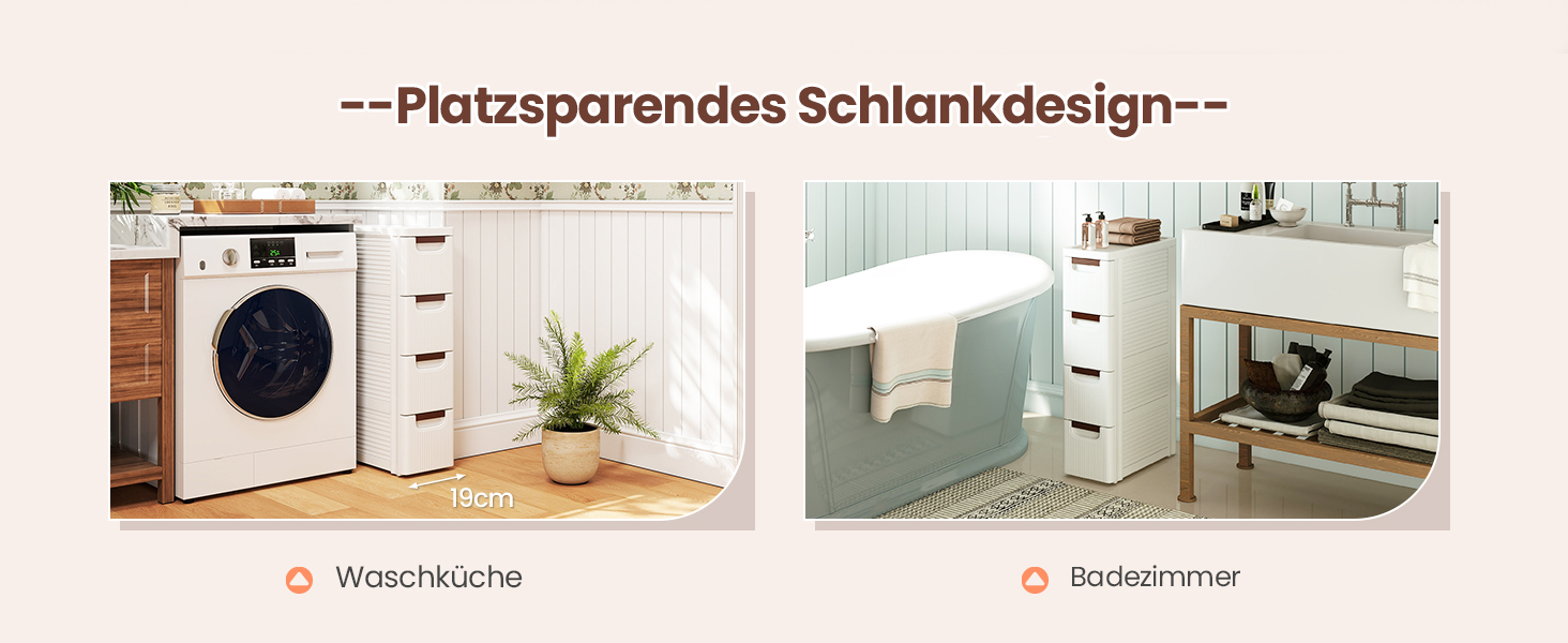 Der Text lautet „Platzsparendes Schlankdesign“. Geteiltes Bild, das die Installation der Waschmaschine unter der Theke und Aufbewahrungslösungen im Badezimmer zeigt.