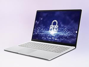 Computadora portátil moderna que muestra el icono de bloqueo digital azul sobre un fondo oscuro con iluminación de efecto bokeh.