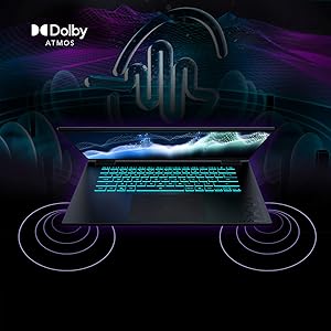 Le texte indique « Dolby ». Images promotionnelles sombres montrant des lignes courbes abstraites et des motifs géométriques avec des effets de lumière bleus et violets.