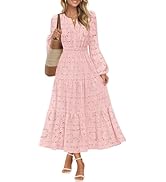 MEROKEETY Women's Fall Long Sleeve Floral Maxi Dress Lace Eyelet Hollow Out Tiered Boho Wedding G...