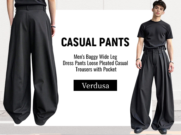 Verdusa Men's Dress Pants Baggy Wide Leg Pleated Loose