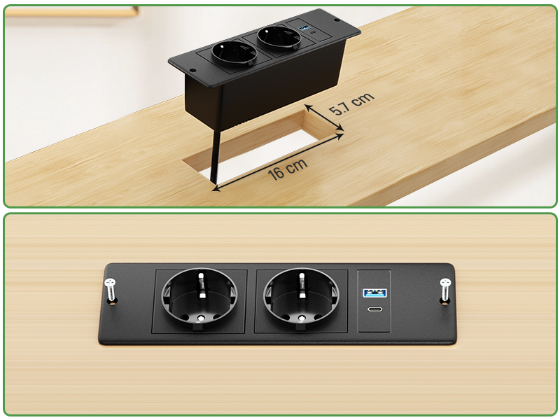 Einbau Steckdosenleiste mit USB C PD 20W, Versenkbare Steckdose 2 Fach, Tischsteckdose