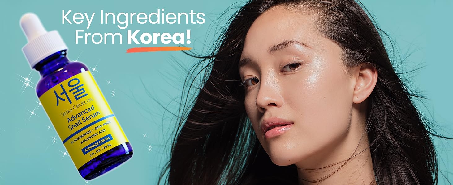 SeoulCeuticals Advanced Snail Serum for face with Korean skincare model and white text