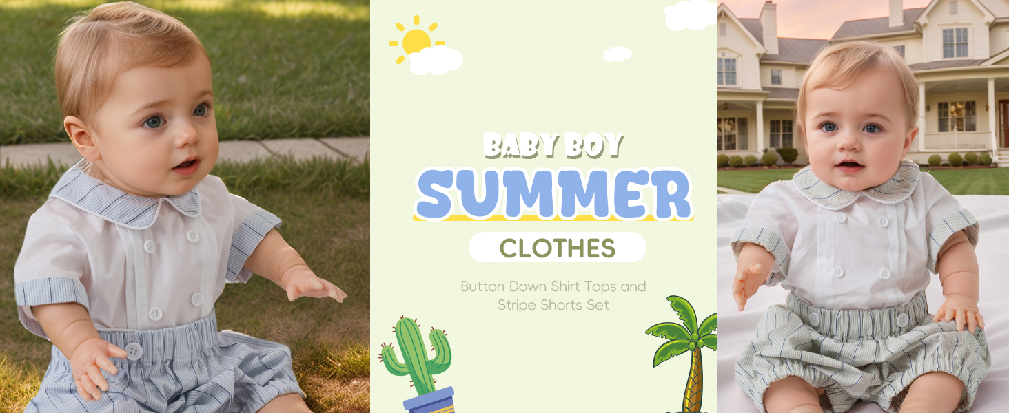 Baby Boy Summer Clothes Easter Outfit  Button Down Shirt Tops and Green Stripe Shorts Clothing Sets