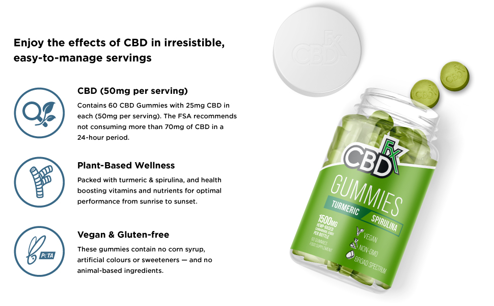 CBDfx 1500mg CBD High Strength Vegan Turmeric and Spirulina Gummies